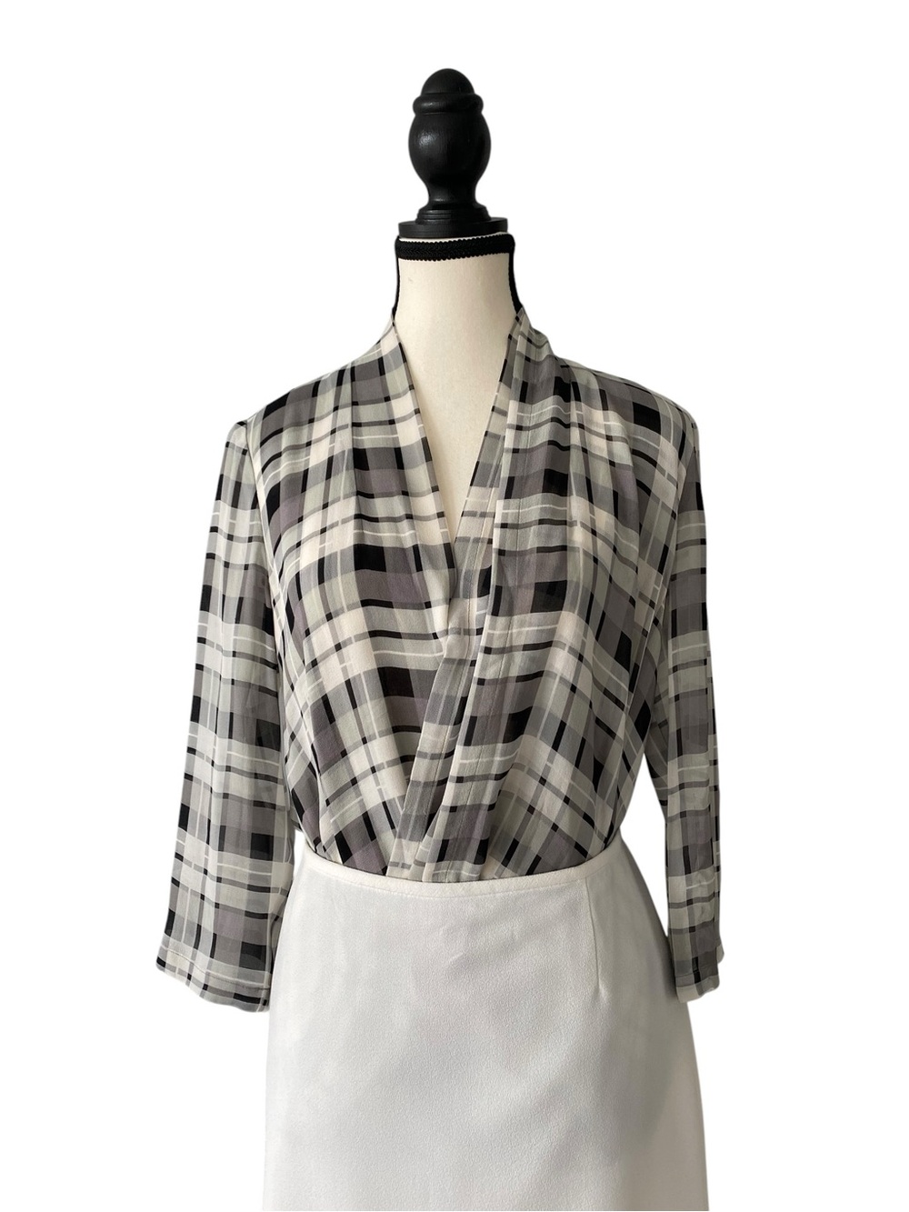 Babaton Black & White Plaid Draped Crossover Blouse 100% Silk Size S Oversized
